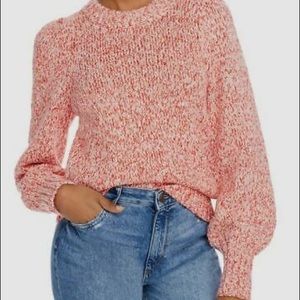 AQUA Ribbed Trim Pullover Puff Sleeve Crewneck Sweater Poppy Multi Size S (NWT)